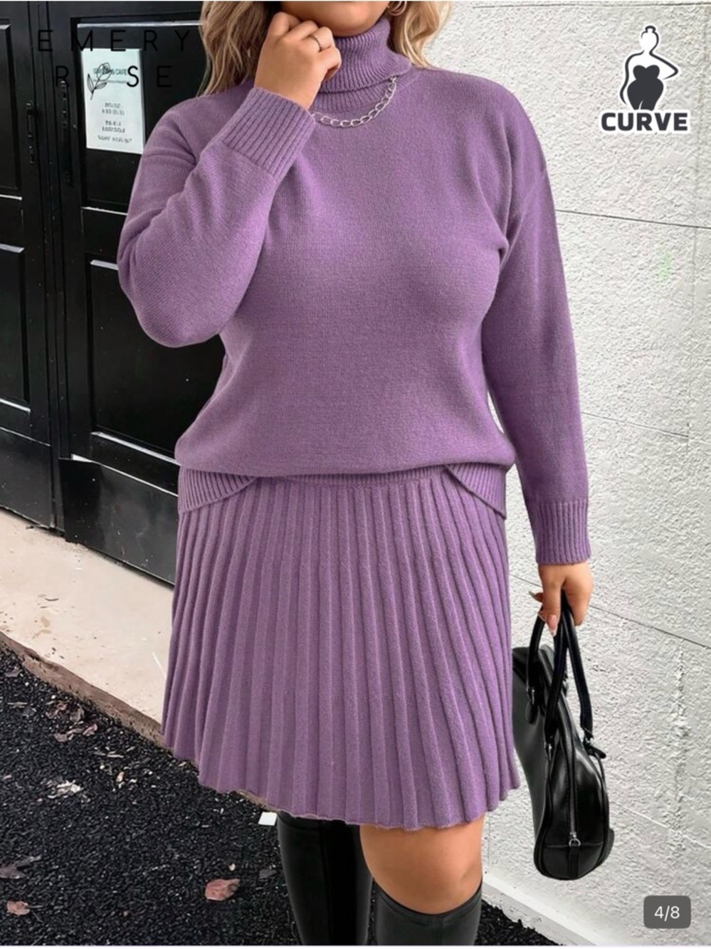 SHEIN Purple Turtleneck Sweater & Pleated Skirt Set